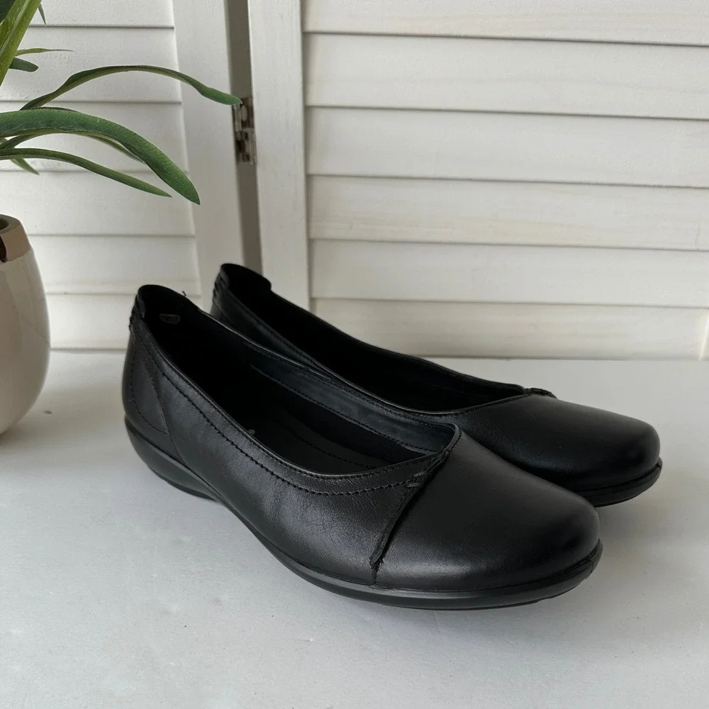 Hotter Robyn II Black Leather Ballerina Flats Size 10 Dual Fit Comfort Shoes